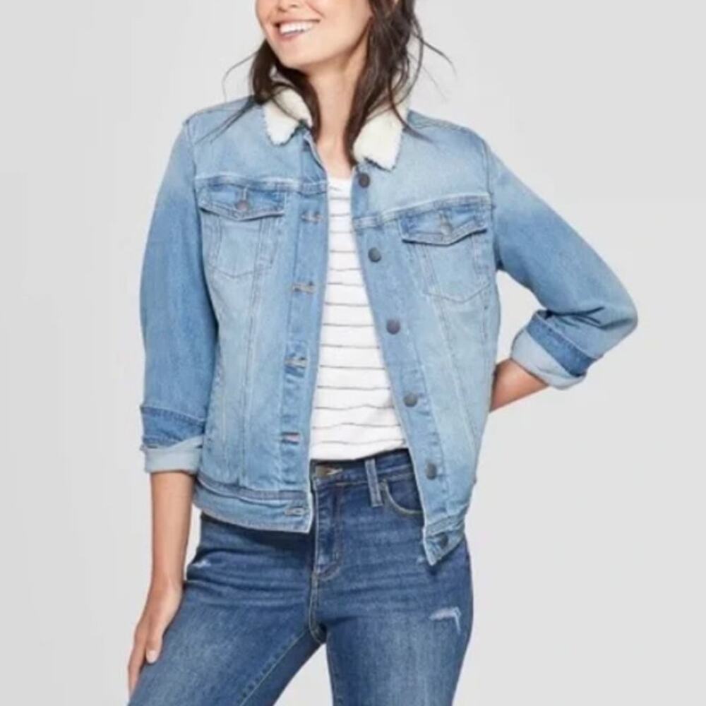 Universal Thread Jacket WMNS L Denim Sherpa-Collar Button Front Trucker Coat